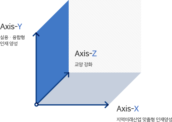 Axis-Y 실용ㆍ융합형 인재 양성/Axis-X 지역미래산업 맞춤형 인재양성 / Axis-Z 교양 강화